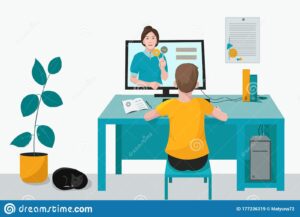 Cartoon of student at desk in front of a computer