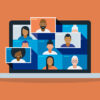graphic of a laptop with people in videoconferencing boxes