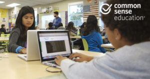 An image of students working on laptops in a classroom. A Common Sense Education text overlay appears in the top right of the graphic.