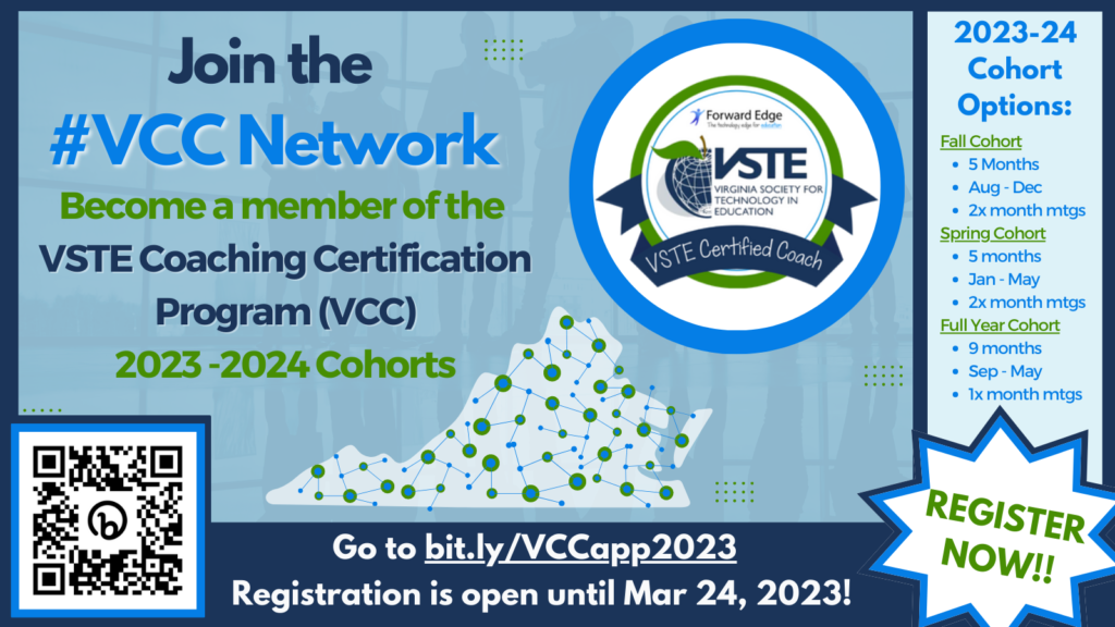A VSTE Coaching Certification Program graphic with the badge/log, 2023-2024 dates, information, and the short URL bit.ly/VCCapp2023