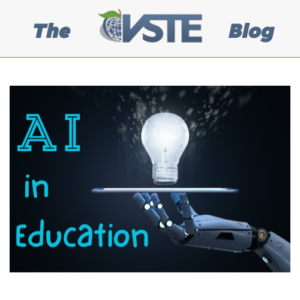 The VSTE Blog banner with an image of a robot holding a lightbulb with "AI in Education"